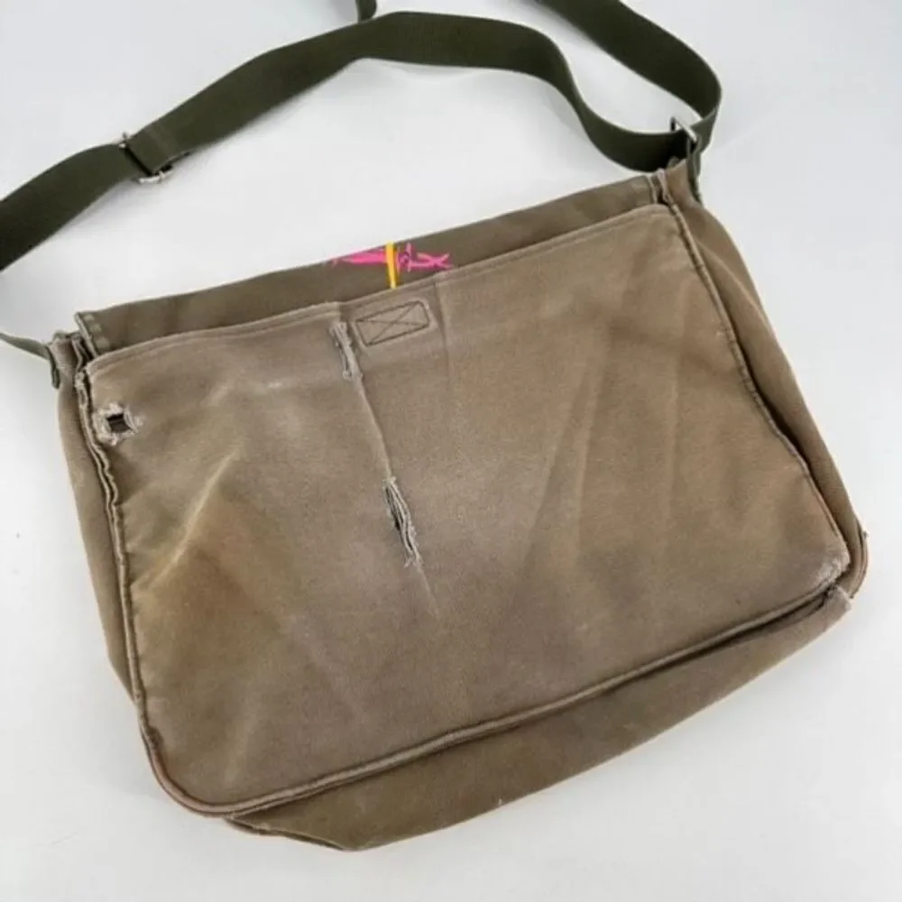 Vintage Y2K Gap Canvas Handpainted Fire Print Crossbody Messenger Bag‎ Green